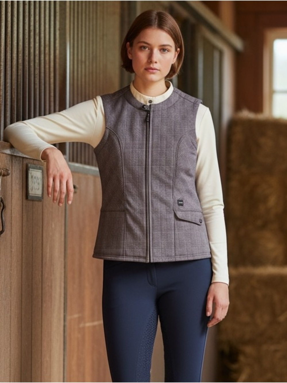 NWT FITS Equestrian Sz L Horseback Riding Houndstooth Plaid Womens Gray Vest